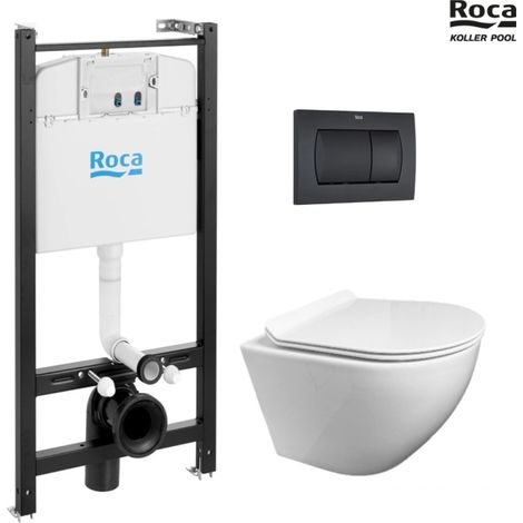ROCA Active pack cisterna empotrada y pulsador Negro Mate con inodoro suspendido ROUND de KP blanco Tapa fina