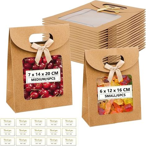 12 Pieces Kraft Paper Gift Box with 1 Piece Sticker, Kraft Bag with Window, Kraft Box with Window, Paper Gift Bag with Window (14 x 20 x 7 cm/12 x 16 x 6 cm) (1/5)