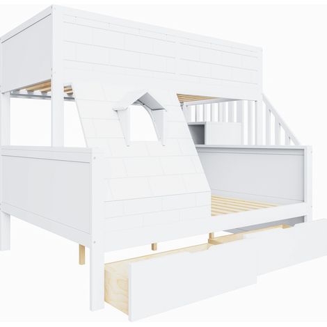 Weißes Kinder-Etagenbett mit Sicherheitsleiter, Schubladen und Fenster 90 x 200 / 140 x 200 (1/5)