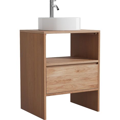 Mobile bagno in rovere massello con lavabo da appoggio rotondo e rubinetto Naturale chiaro 60 cm - CAVIZO (1/4)