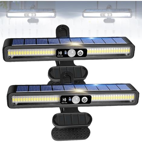 Lot de 2 lampes solaires d'extérieur à pince, projecteurs solaires LED à 3 modes, étanches, pour jardins, clôtures, gouttières, éclairage à lumière chaude (1/5)
