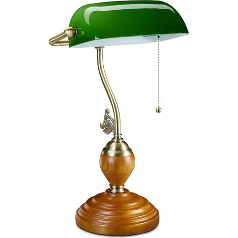 Relaxdays Bankerlampe mit Zugschalter, neigbarer Glasschirm, Holzfuß, Retro Design, E27-Fassung, Schreibtischlampe, grün
