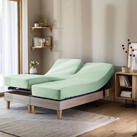 Drap housse vert jade pour lit articulé jersey extensible 2x90x200 (1/4)