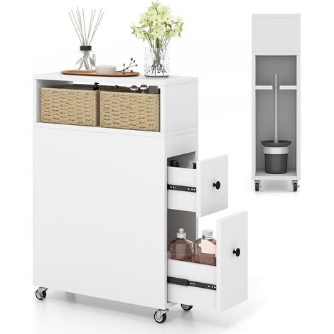 COSTWAY Mobile Bagno 50 x 19 x 72 cm, Arredo Salvaspazio con 2 Cassetti, 2 Cesti in Rattan, Ruote e Ripiani, Armadietto Stretto per Spazi Ridotti, Salotto e Cucina (Bianco) (1/5)