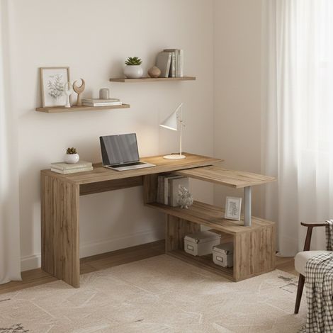 Bureau Topazio, 2 Étagères, Modulable Made in Italy, Angle, 120x50x75h cm Chêne Marron (1/5)