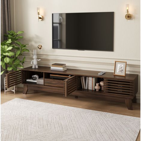 Meuble TV 170 cm en MDF bois foncé, façade rainurée, 3 portes, tiroir et niches ouvertes, grand rangement multimédia pour salon moderne, avec espace décoratif – CHICFURN (1/5)