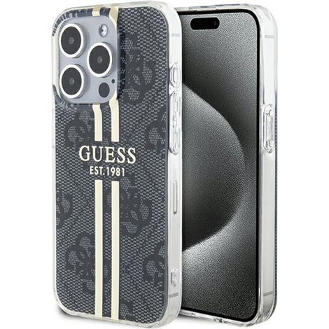 Funda rígida Guess GUHCP15LH4PSEGK para iPhone 15 Pro de 6.1 pulgadas, color negro/negro, con diseño IML y franja dorada. (1/5)
