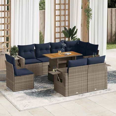 Ensemble Salon Jardin 9 Pièces Résine Tressée Gris Bleu Marine avec Coussins Lavables, Table Réglable, Rangement Etanche (1/5)