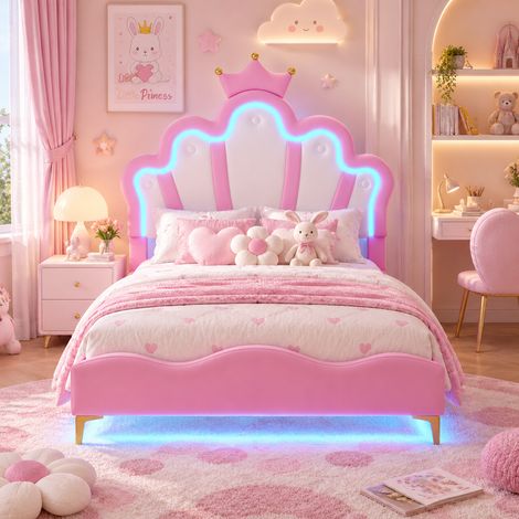 Lit fille 90x190 cm avec Lumière LED, lit enfant avec sommier à lattes, Lit Princesse, tête de lit couronne en velours rose (1/5)