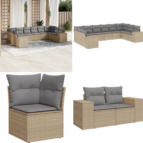 Set Divano da Giardino 10 pz con Cuscini Beige in Polyrattan - Seduta da esterno - Cuscini da giardino
