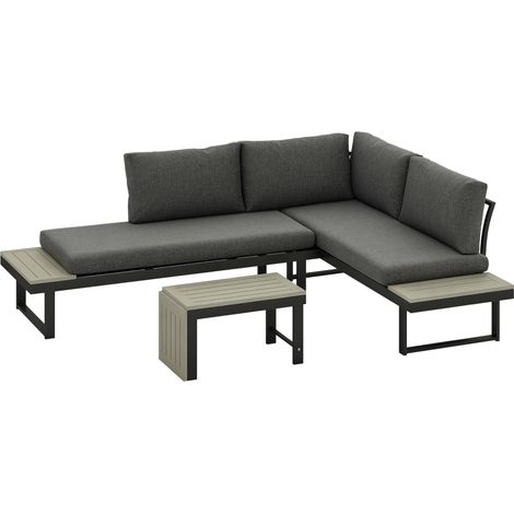 4-Piece Dark Grey L-Shaped Aluminum Garden Furniture Set with Two Loveseats and Wood-Plastic Coffee Table for Outdoor Relaxation