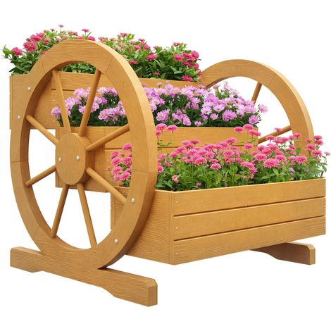 Potager surélevé à 3 niveaux, motif roue de chariot, bois naturel, 62 x 61 x 57 cm résistant aux intempéries et à l'humidité