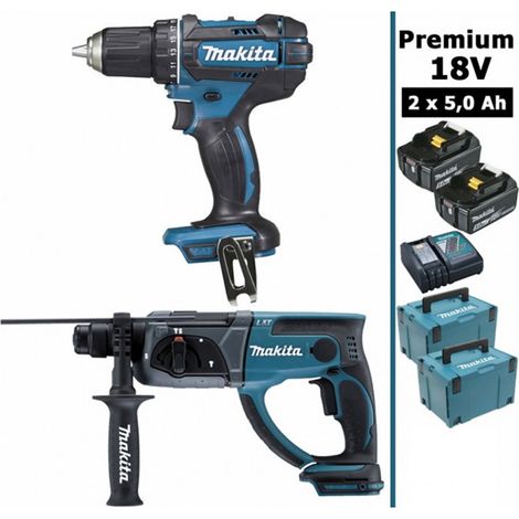 Makita – Pack d'outils électroportatifs 18V – Perceuse 62Nm DDF482 + Perfo-burineur 2J DHR202 + 2 batteries 5Ah + 2 coffrets MakPac (1/4)