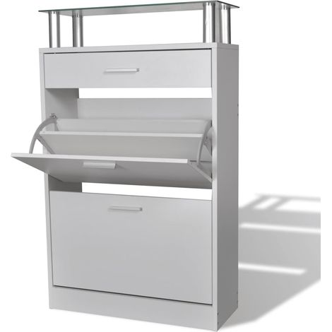 vidaXL Scarpiera con Cassetto e Mensola Vetro Sopra in Legno Bianco (1/5)