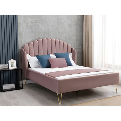 Lit 140 x 190 cm avec tête de lit ondulée - Velours - Vieux rose + Matelas - SAGALI (1/4)