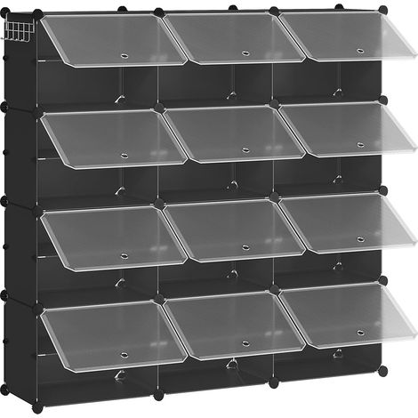 Étagère à Chaussures avec 12 Compartiments, Boîte à Chaussures, Armoire à Chaussures, Étagère Modulable en Plastique, Compartiment de 40 x 30 x 30 cm, avec Porte, Noir (1/5)