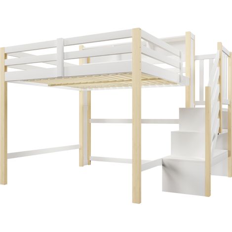 Letto a soppalco 140x200 cm con LED, contenitore integrato, scala contenitore, bianco e naturale (1/5)