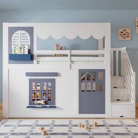 Lit mezzanine cabane enfant 1 place 90 x 200 cm, blanc et bleu, escalier avec rangement, porte et fenêtres ouvrantes, toit ondulé, barrières antichute (1/5)