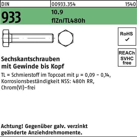 Vis à six pans DIN 933 VG M8x40 10.9 zinkb. Lubrifiant flZnnc 480h-L 200p.