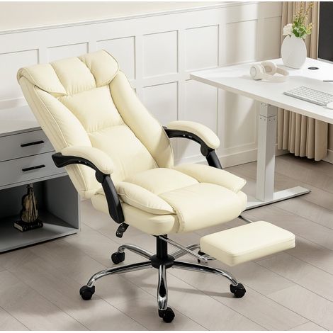 Silla de oficina ergonómica con reposapiés, polipiel beige y negra DESVIAE (1/5)