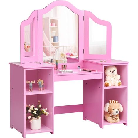 COSTWAY Toeletta per Bambini in Legno - Design Smontabile 2 in 1, Mobile da Trucco Stile Principessa con 4 Mensole e Specchio, Rosa (1/5)