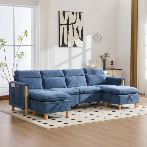 Divano modulare a forma di U per 4 persone, 261x77x86 cm, con 2 pouf contenitore, tasche laterali, tessuto ciniglia - blu (1/5)