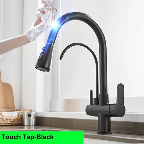 (9139--touch-black-G1/2) Nouveau robinet de cuisine tactile avec filtre, mitigeur thermostatique eau chaude/froide à douchette extractible et capteur d'eau pure. (1/5)