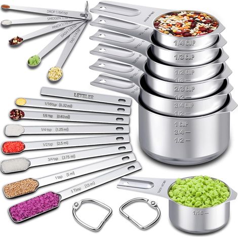Measuring Cups - Measuring Spoons - Stainless Steel - 7 Cups 7 Spoons 1 Leveler 5 Mini Spoons - For Cooking Baking - 20 Pieces (1/5)