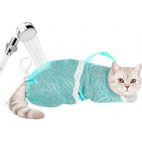 Sac de bain pour chat – Sac de douche anti-morsure et anti-griffure, sac de contention réglable pour le lavage, la coupe des griffes et les injections, conception en maille respirante. (1/5)