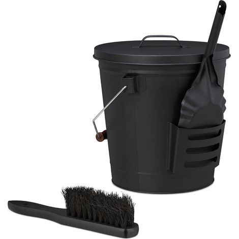 Secchio per ceneri rotondo con coperchio e set per la pulizia del camino 30 x 30 x 25 cm in metallo nero 130011438
