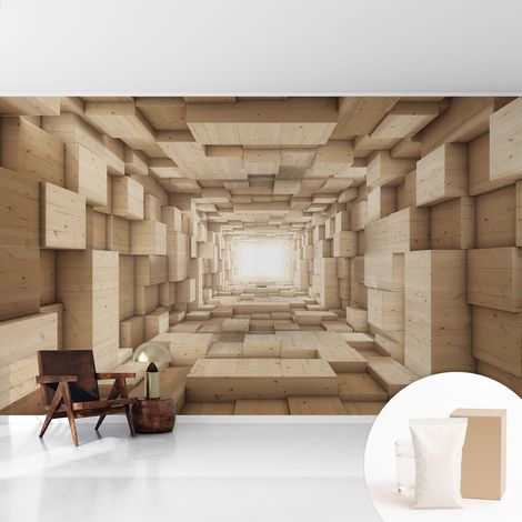 Papier peint intissé décoratif avec colle pour salon chambre et bureau Installation rapide Tunnel en bois 416x254 cm (1/5)