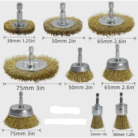 Set mit 9 Metallbürsten für Bohrmaschinen, Messingbürsten für Bohrmaschinen, 6 mm Schaft, Schleifbürsten, Schraubendreher-Bohrmaschinen zum Reinigen von Metall/Holz
