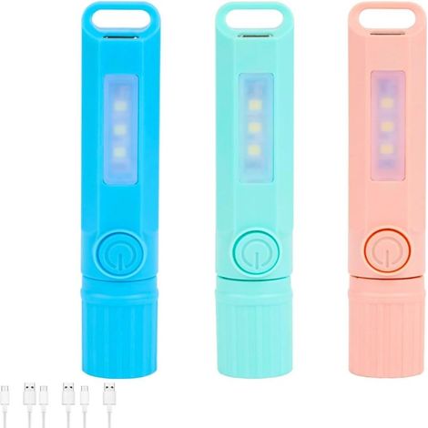 Lot de trois mini lampes torches rétractables multifonctions, lampe torche LED extérieure à forte puissance et longue portée, rechargeable par USB, en plastique. (1/5)
