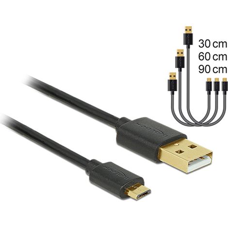 Delock Cable de datos y carga rÃ¡pida USB 2.0 Tipo-A macho  USB 2.0 Tipo Micro-B macho 3 piezas, conjunto negro