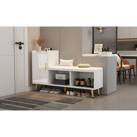 Meuble à chaussures avec assise rembourrée blanche laquée et rangement réglable pour entrée (1/5)