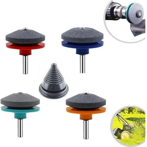 Lot de 4 aiguiseurs de lames de tondeuse à gazon émoussées pour perceuse manuelle électrique, outil d'affûtage universel résistant à l'usure pour tondeuse à gazon avec équilibreur de lame (1/5)