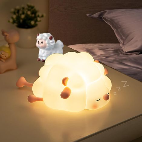 Veilleuse Enfant Rechargeable, Silicone Lampe de Chevet Rotin, Lampe de Nuit Tactile pour Chambre Décoration Noël Cadeau (Rose) (1/5)