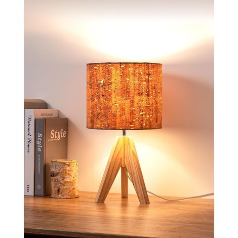 EDISHINE Lampe de chevet en bois, lampe de table avec ampoule LED E27, 36 x 20 x 20 cm trépied, abat-jour en lin marron
