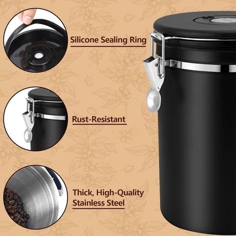 Lata de café hermética de acero inoxidable de 18 l，Tarro de almacenamiento，acero inoxidable hermético，cuchara medidora negra，para almacenar café (1/3)