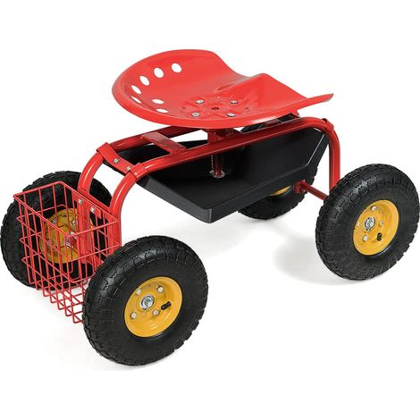 Siège Roulant avec Panier de Rangement, pivotant à 360 °, avec roulettes, siège Roulant de Jardin réglable en Hauteur pour Le Jardinage, siège de Travail, Chariot de Jardin en métal (Rouge) (1/5)
