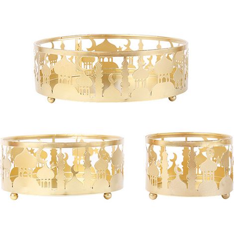 Lot de 3 plateaux ronds dorés en métal, motif château, bord arrondi, résistant à la corrosion et anti-rouille, pour service à table. (1/5)