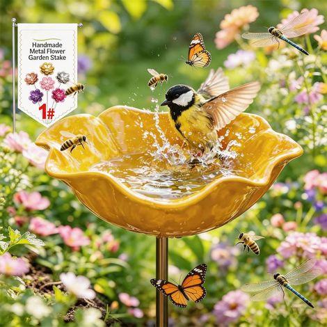 Vogelbad aus Metall mit Blumen, handgefertigte Gartenspitzen, winterfestes Vogelbad und Insektenfutterhaus, Vogelbad für Garten und Terrasse, 1 Stück (BT)