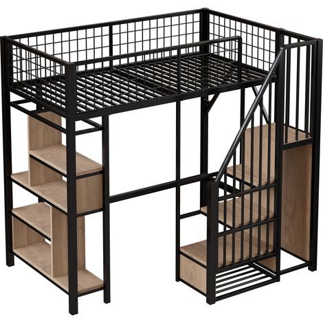 Lit mezzanine multifonctionnel 90 x 200 cm, lit en métal avec rangement, étagères de rangement et escalier, lit pour adultes et enfants, noir (1/5)