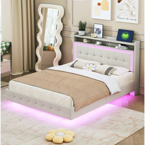 MEUBLIV Polsterbett 140x200 cm Beige – mit LED und USB-Anschluss, ohne Matratze (1/5)