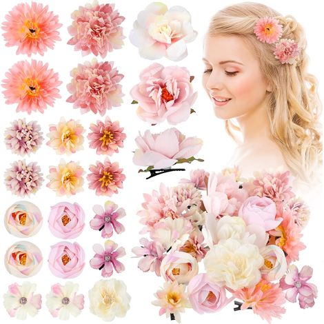 21 pinces à cheveux en forme de fleurs artificielles – Rose et blanc – Pour mariages et fêtes – Convient aux femmes et aux mariées (1/4)