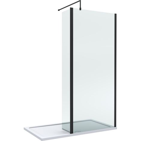 8mm Glass Walk In Wetroom Screen and Hinged Return Screen with Matt Black Profile and Shower Tray - 1400 x 800mm