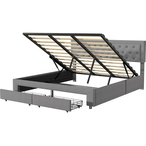 lit double 180x200 avec 2 tiroirs, Lit coffre, lit adulte avec rangement à vérin hydraulique, cadre de lit pour 2 personnes, lit rembourré, gris, velours, sommier Non (1/5)