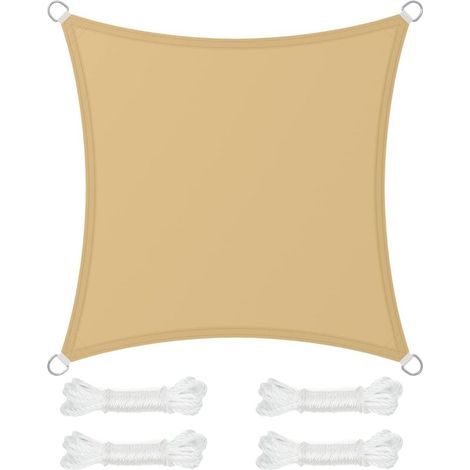 Voile d'Ombrage 3 x 3 m, Hydrofuge Colonne d’Eau de 665 mm, Polyester Anti-déchirure, Protection UV 93%, Terrasse, Jardin, Balcon, Carré, Cordes de 2 m, Jaune Sable- (1/5)