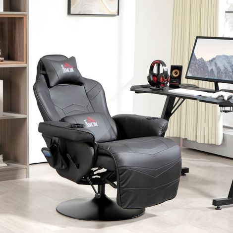 Poltrona da Gioco Massaggiante, Schienale Reclinabile fino a 150 Gradi, Rotazione 360 Gradi, Poggiapiedi, Similpelle Nera (1/5)