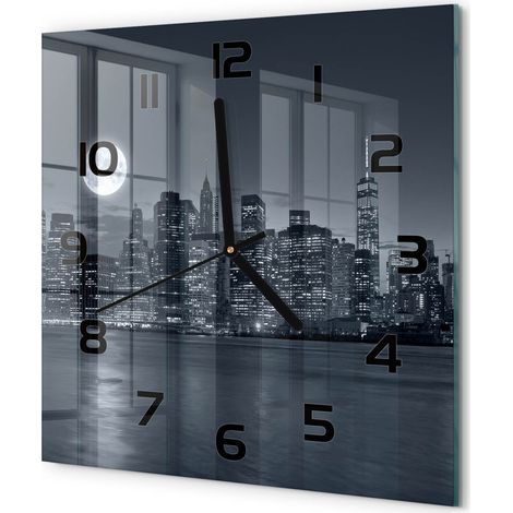 Horloge Murale Carrée Contemporaine en Verre Silencieuse Salon Cuisine Bureau New York la nuit 30x30 cm (1/5)